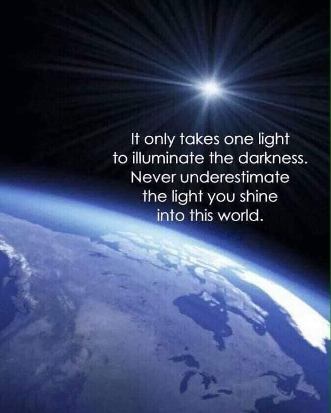 A radiant light shines from space over Earth, accompanied by motivational text about the impact of individual positivity and hope.