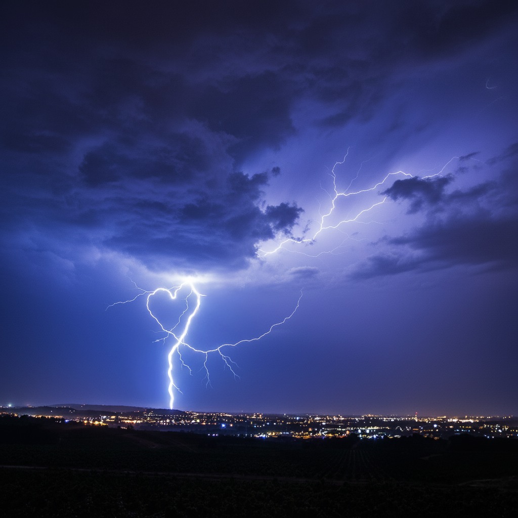 A dramatic thunderstorm illuminates the night sky with vivid lightning, casting a striking glow over a city skyline below.