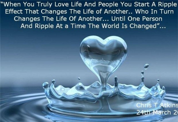 Heart-shaped water splash with ripples on a reflective surface. Inspirational quote about love and change is overlaid in white text. Calm, hopeful tone.