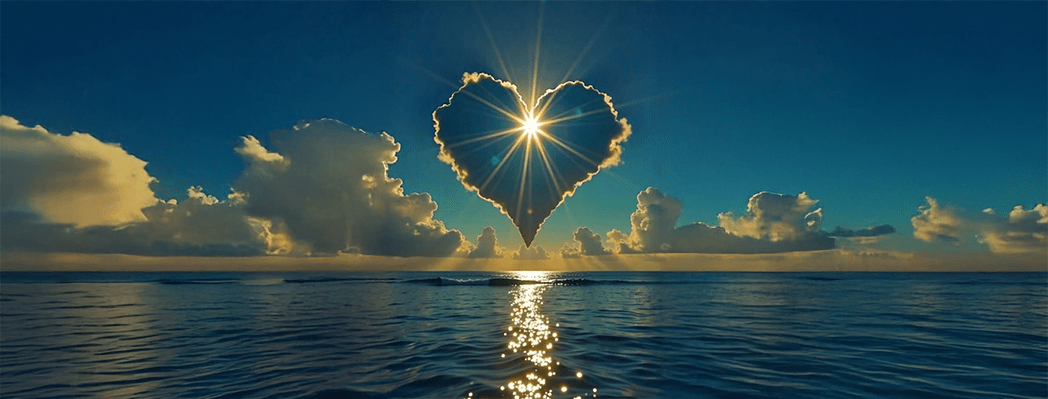 A heart-shaped cloud frames the sun, creating a radiant centerpiece over a shimmering ocean at sunset. The scene evokes love and tranquility.